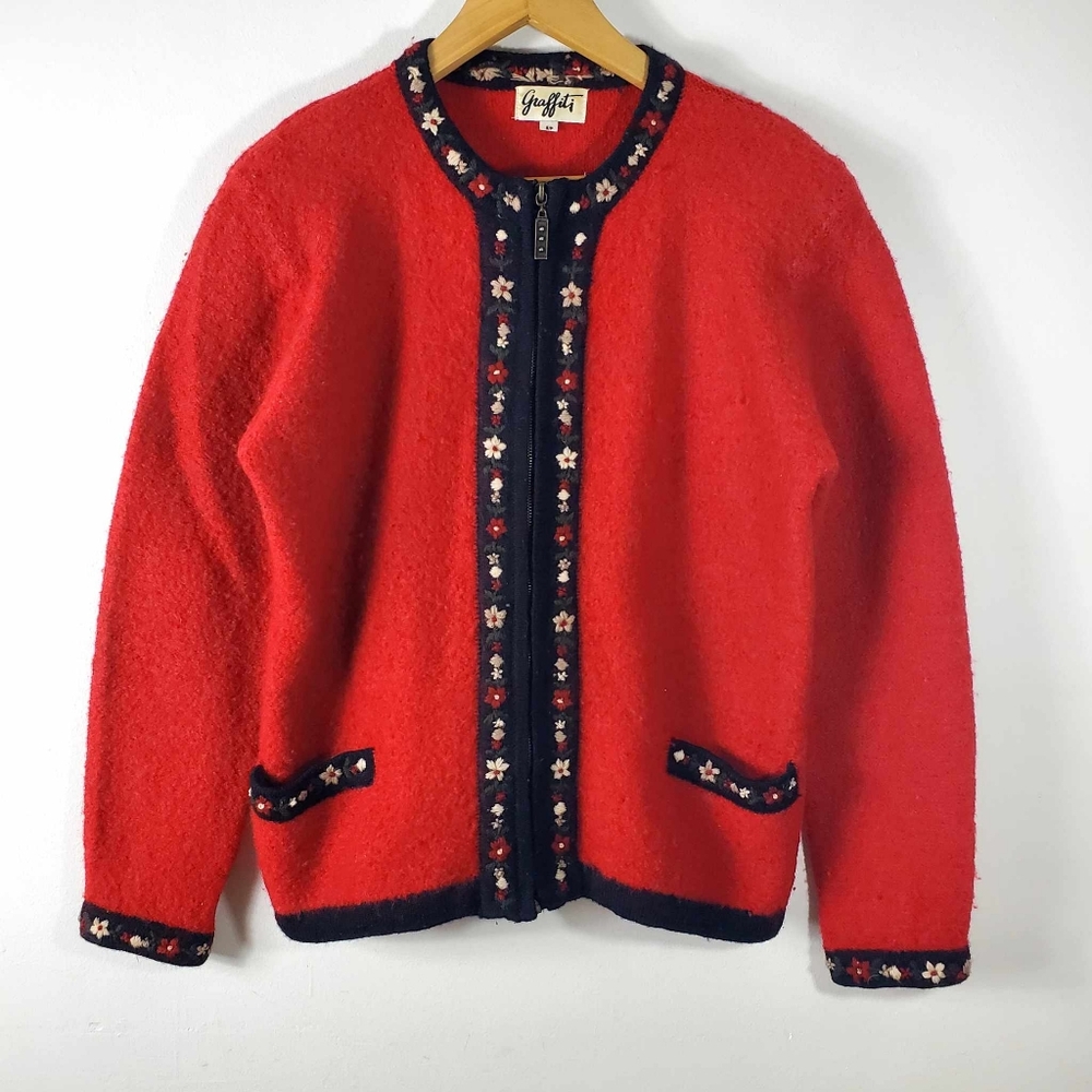 Vintage 70's Graffiti 100% Wool Cardigan Full Zip With Floral Details